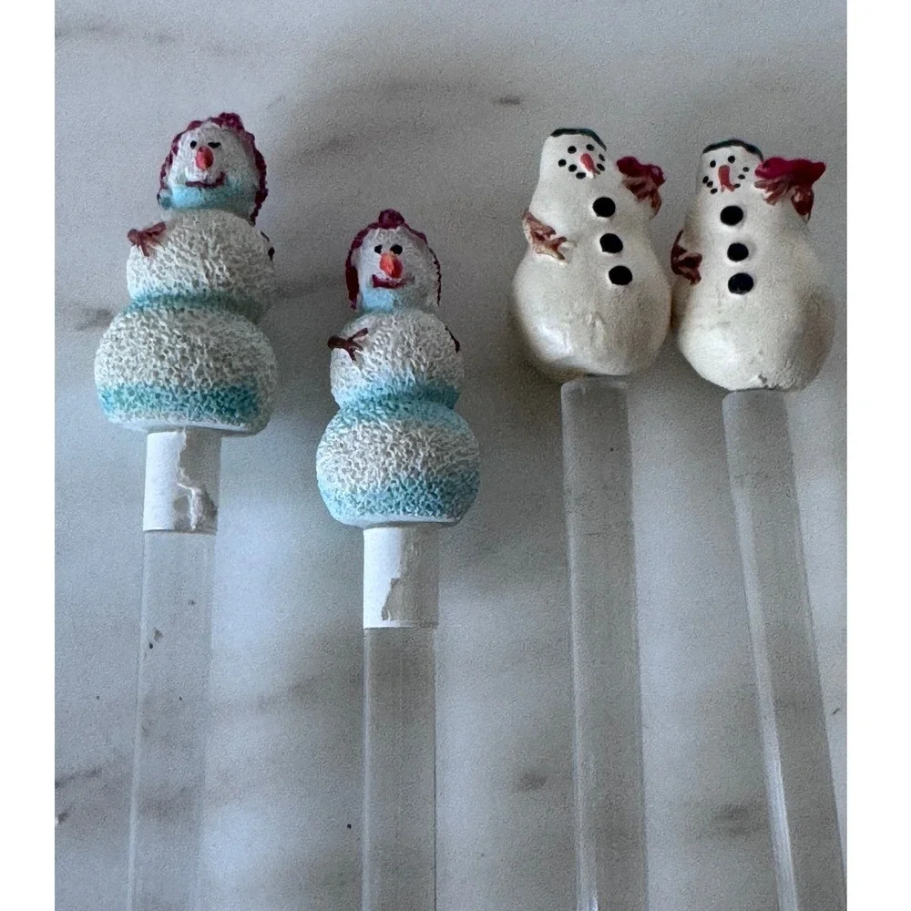 Vintage Snowman and‎ Christmas Tree Glass Swizzle Sticks Set 12Holiday Stirrers